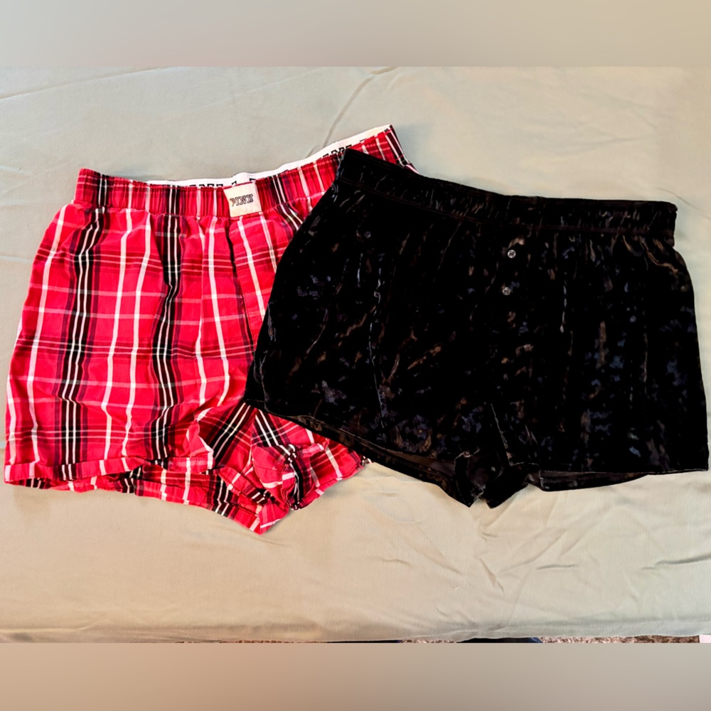 PINK/Victorias Secret Red Plaid boy shorts and Black Velvet Shorts Set (M)